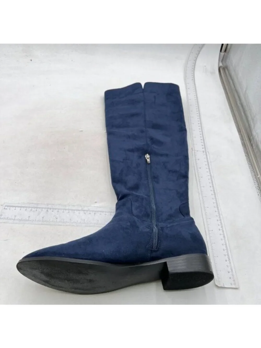 Pazzion Women Almond Toe Knee High Boots with Partial Zipper Stretchy Cold Blue